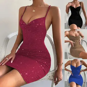 Women's Solid Color V-Neck Gold Stamping Sexy Elegant Slim Cross Strap Dress