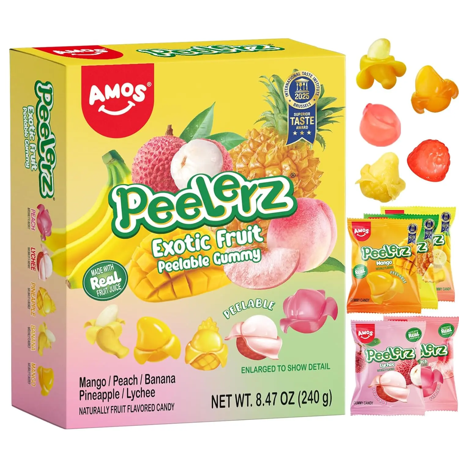 AMOS Peelerz Exotic Fruit Peelable Gummy Candy, 5 Fruit Flavors: Mango, Peach, Banana, Pineapple & Lychee, Individually Wrapped, 8.47oz (240g)