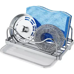 Sponge Holder for Kitchen Sink - Movable Sink  for Countertop Organizer, 304 Stainless Steel Sponge Holder with Detachable Drip Tray for Kitchen Accessories-