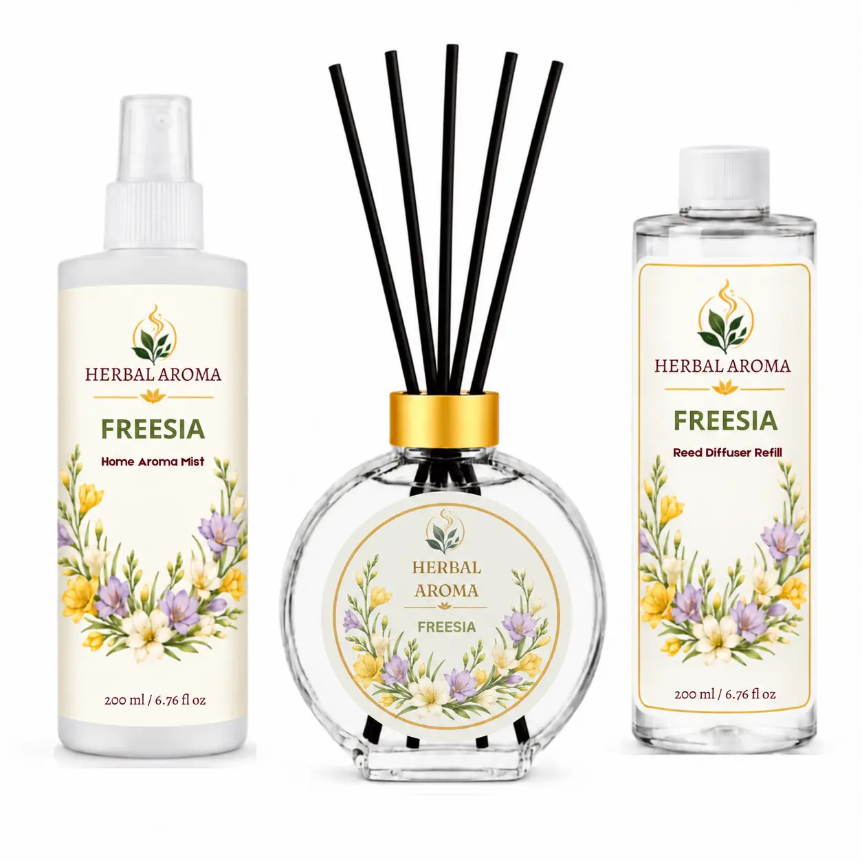 Herbal Aroma Freesia Home Fragrance Set, 3-Piece Reed Diffuser with 200 mL Refill and 200 mL Room Spray, 100 mL Diffuser