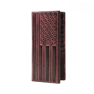 Men’s Genuine Leather RFID Blocking Long Wallet, Vintage Western Cowboy Bifold Wallet with Flag Embossed Design, 13 Card Slots & ID Windows, Retro Style Brown Leather Gift Wallet