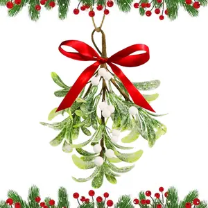 Christmas Mistletoe - Artificial Mistletoe Door Wreath with Red Ribbon, White Berries, Christmas Ball Ornaments, Kissing Balls, Artificial Dried Leaves Hanging Mistletoe Door Wreath & Tree Decor
