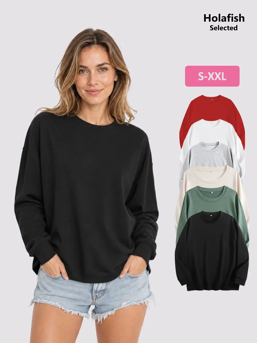 Holafish Women's Cozy Lightweight Crewneck Sweatshirt Drop Shoulder Thin Relaxed Fit Long Sleeve Pullover Casual Everyday Wear Autumn Streetwear Basic Chic Fashion