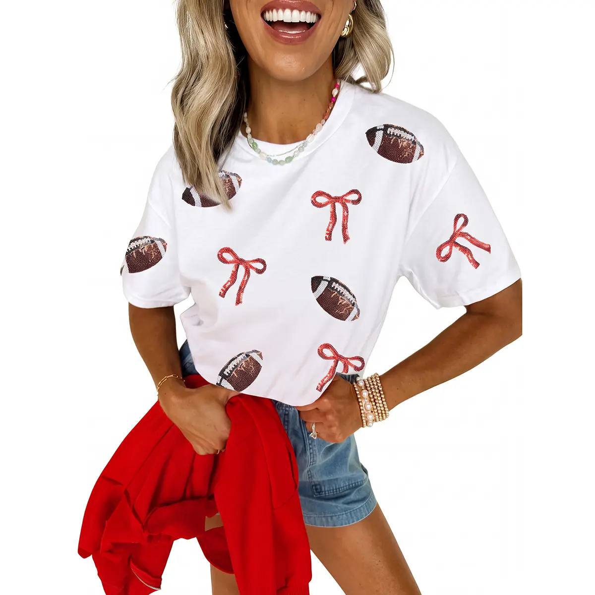 Mntaor Women's Sporty Chic Bow & Football Sequin White Round Neck Short Sleeve Tee - Glitter Detail Top, Ideal for Stadium Outings, College Football Season Cheer Squad Spirit Wear
