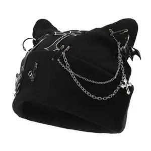 Women’s Gothic Cat Ear Beanie with Punk Chain & Bat Charm, Y2K Grunge Winter Cap, Adjustable, Machine Washable, Black Streetwear Accessory