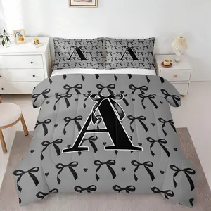 2/3Pcs Initial A-Z Gray Comforter Set, Coquette Black Bow Print Quilt Bedding Set, Soft Monogram Alphabet Bedspread with Pillowcases, Cute Aesthetic Bedroom Decor for Teens Girls, All Season