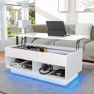 Hommpa LED Lift Top Coffee Table with Hidden Compartment High Gloss White Coffee Tables Center Rising Cocktail Table for Living Room Accent Furniture HOMMPA