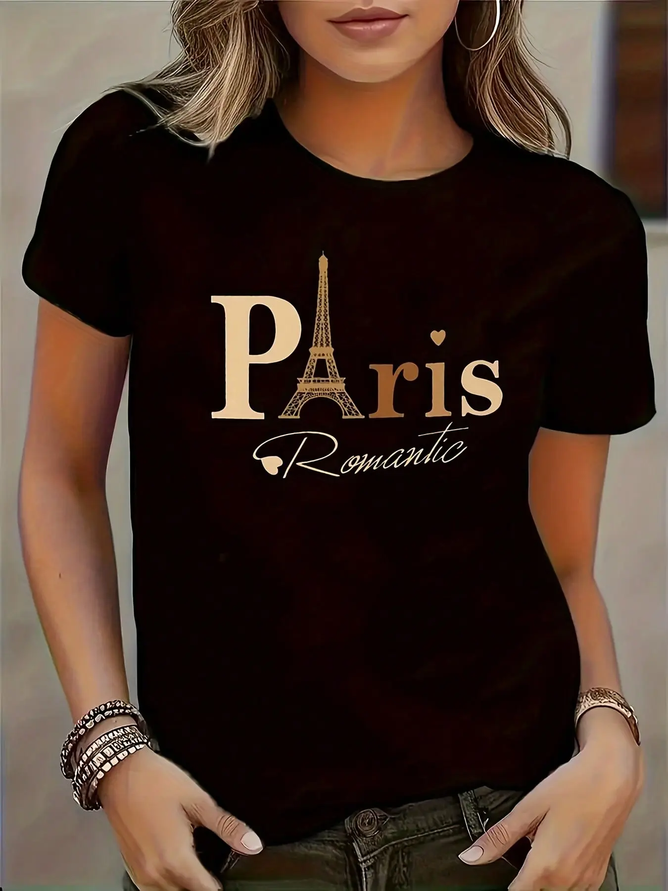 Women's Short-Sleeve Paris Eiffel Tower Graphic T-Shirt - Black & Golden Contrast, Comfortable, Lightweight, Romantic Script, Regular Fit, Round Neck, Single-Piece Casual Style Top