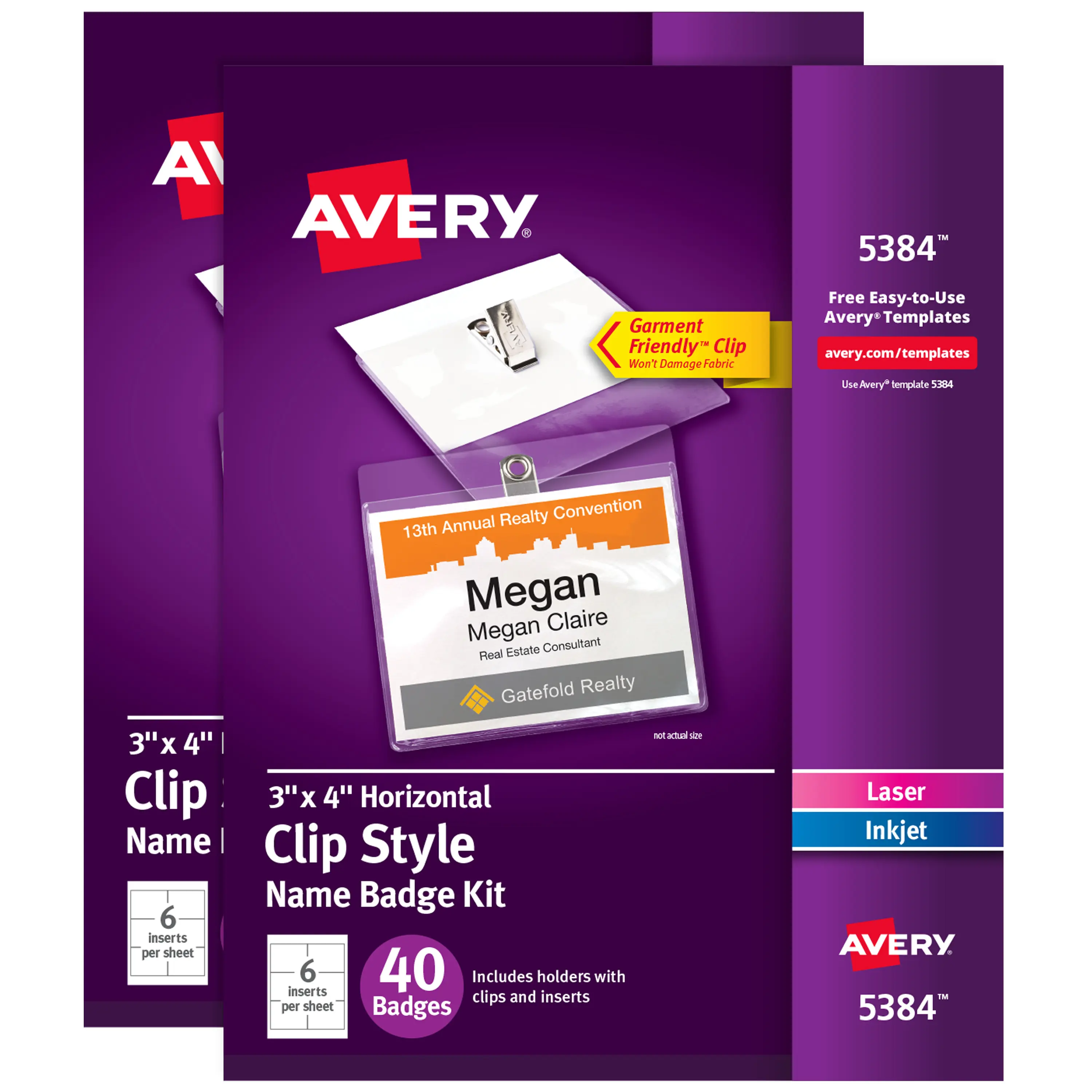 Avery Customizable Name Badge Clips - 3"x4" White Personalized Nametags, 2 Packs with 80 Printable Inserts, ID Badge Holders, Garment & Self-Adhesive Clips Total (21879)