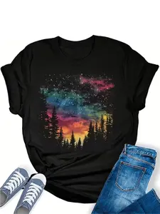 Women'S 100% Casual Aurora Borealis & Northern Lights Print T-Shirt - Loose Fit Crew Neck Short Sleeve Top with Multicolor Northern Lights Design, All-Season for Vacation, Outdoor & Daily Wear| Breathable & Wrinkle-Resistant