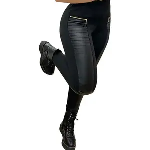 Faux Leather Leggings for Women Pleather Pant Elastic Mid Waisted Stretchy Patch Zip Tights