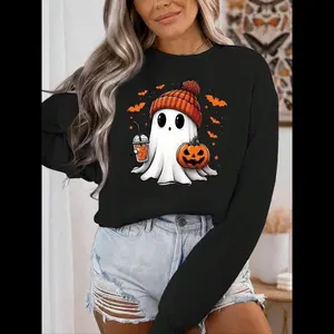Women’s drop-shoulder sweatshirt with ghost and pumpkin print, casual Halloween-themed long-sleeve crewneck pullover for daily wear, ladies’ spring and fall clothing, women’s hoodie
