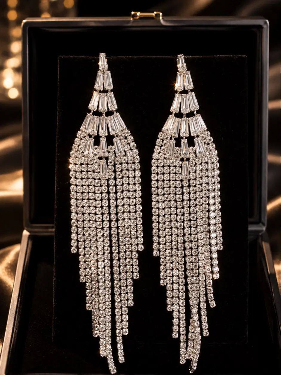 Women's Rhinestone Tassel Drop Earrings Silver Tone Crystal Statement Earrings