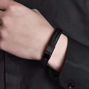 Bracelet Men Classic Single Layer Black Woven Leather Bracelet with Metal Magnetic Buckle Men's Business Casual Trendy Jewelry perfect family giftGift