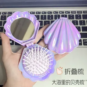 Shinning Finish Foldable Travel Hair Brushes with Mirror Shell Shape Portable Folding Pocket Hair Brush Mini Hair Comb Compact Size Hair Massage Comb