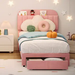 Twin Bed Frame with Drawer, Velvet Upholstered Platform Bed Frame with Storage Headboard, No Box Spring Needed, Easy Assembly, Noise-Free，Pink