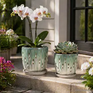 Handmade Green-White Gradient Ceramic Planter Set, 2 Sizes (7.48"×5.51" & 8.07"×6.1"), Perforated Root Drainage Holes, Lightweight Breathable Indoor Outdoor Garden Pots for Orchids, Succulents by Window, Two Sizes