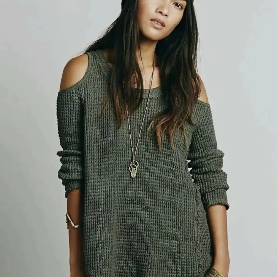 Free People Women's Thermal Knit Sunrise Cold Shoulder Sweater in Olive - Size S