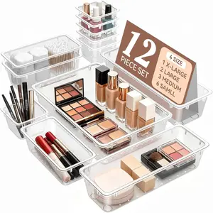 12 PCS Drawer Organizer Set, 4 Sizes Tool Storage Trays, Clear Plastic Makeup Vanity Organizer and Storage Bins for Makeup, Stationeries, Multiple Gadgets for Bathroom, Office, Bedroom