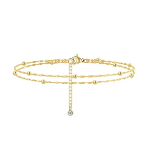Dainty 14K Gold Plated Ankle Bracelets for Women, Waterproof 14K Gold Plated Link Chain Anklets Non Tarnish Set Pack Summer Beach Jewelry Gift