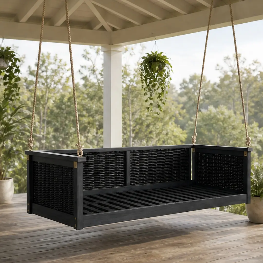 ARCH 1 Swing Bed Frame, Spacious Twin-Size Wood Porch Swing for Outdoor Patio & Poolside, Classic Rattan Frame, Hemp Ropes, Weather-Resistant Black Finish, 350 lbs Capacity, 79.5x41.3x20.9in, 88.18 lb Weight