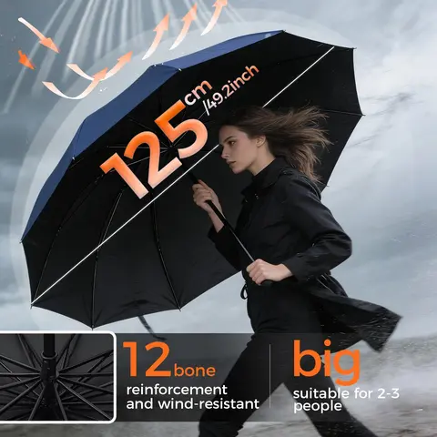 Large 12-Rib Windproof Folding Umbrella, Reinforced Steel Frame, 4 Colors Available, Manual Open and Close, Portable Rainproof Outdoor Umbrella for 2-3 People, Wind Resistant Umbrella