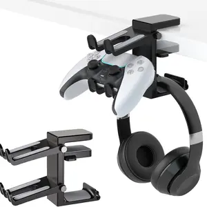 3-in-1 PC Gaming Headset&Controller Holder - Headphone Stand w/Adjustable Clamp&2 Controller Holder&Rotating Arm&Cable Organizer, Universal PC Gaming Accessory Controller Headset Stand