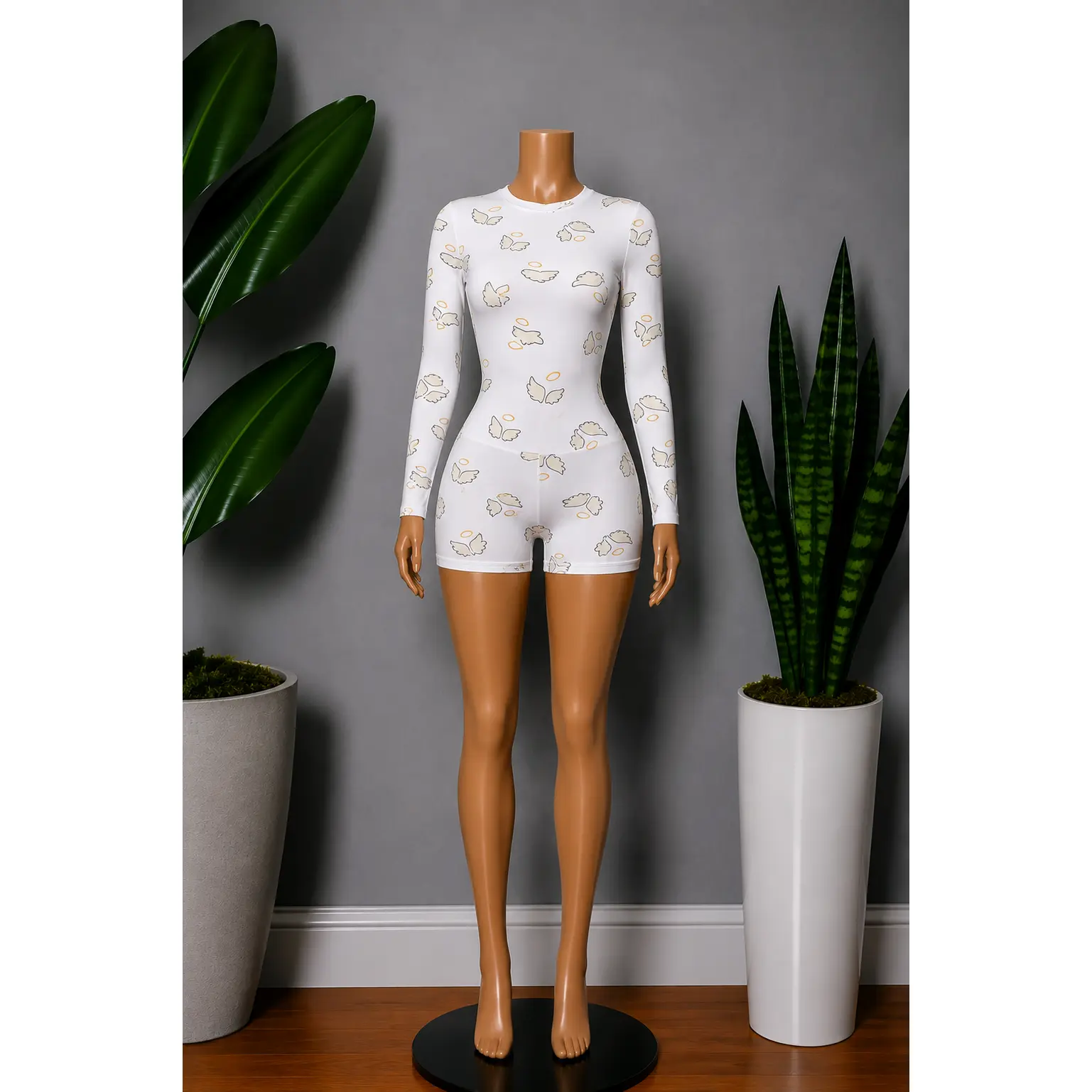 Women's Angel Print Pajama Onesie, Stretchy Long Sleeve Loungewear Jumpsuit with Button Closure, Lady