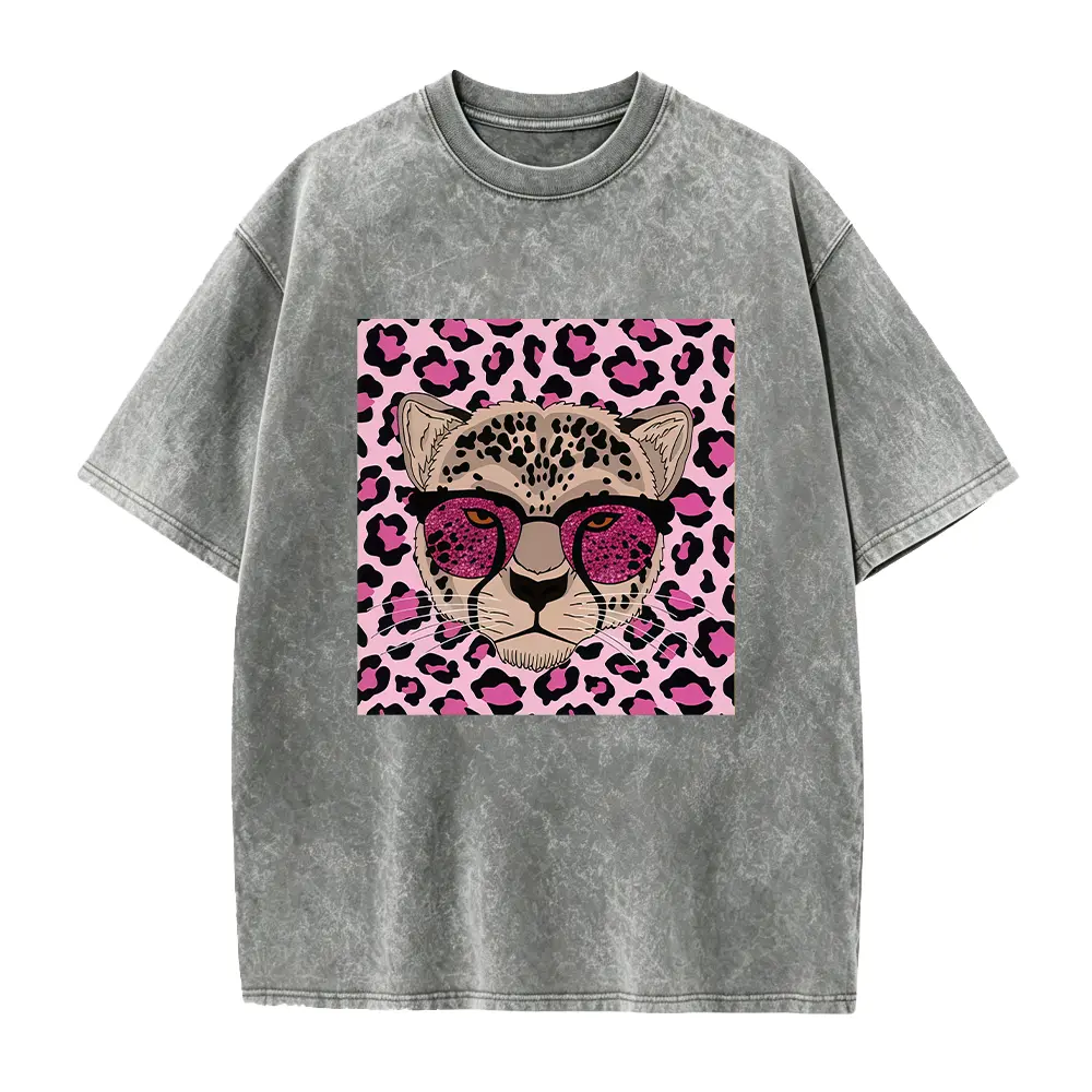 2026 Spring/Summer New Women'S Round Neck Pink Cool Leopard Print Glasses Leopard Print Short Sleeve T-Shirt, Vintage Distressed Style Casual Top, Soft Fabric High Quality Women'S Clothing