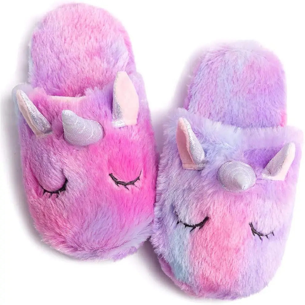 Rainbow Unicorn Slippers/Cute Fluffy Girls Slippers