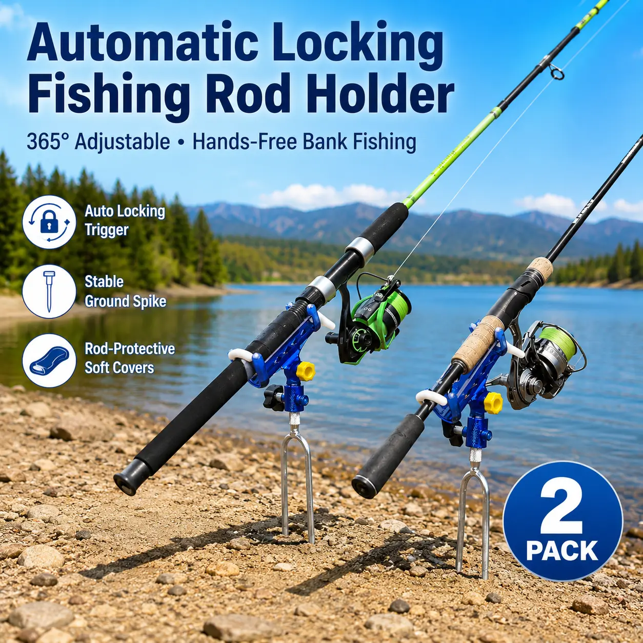 2PK Auto Locking Fishing Rod Holders,BEASTENERGY 360° Adjustable Stainless Steel Ground Rod Stand, Foldable Bank Fishing Pole Rack for Beach & Shore Fishing, Gift for Dad Husband Boyfriend Men
