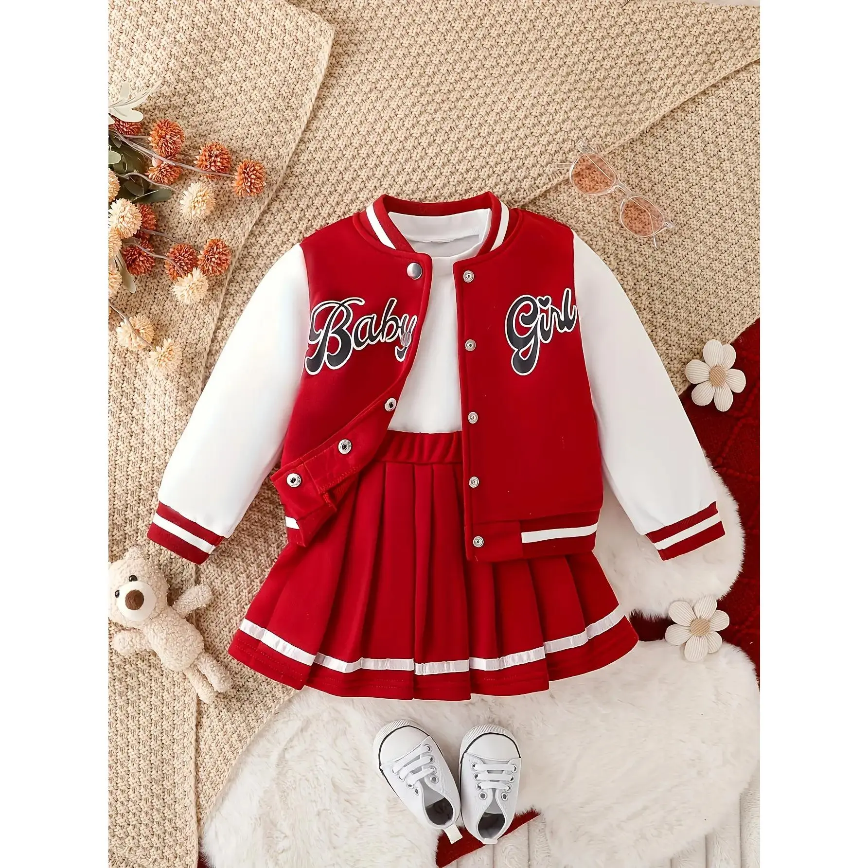 Girls' Preppy Style 2-Piece Baby Clothing Set - BABY GIRL Print Baseball Jacket, Pleated Skirt, Unique Design for Party, Sports (Gift Option)