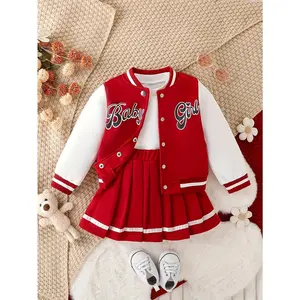 Preppy Style Girls 2pcs BABY GIRL Print Baseball Jacket + Pleated Skirt Set for Party Sports Gift