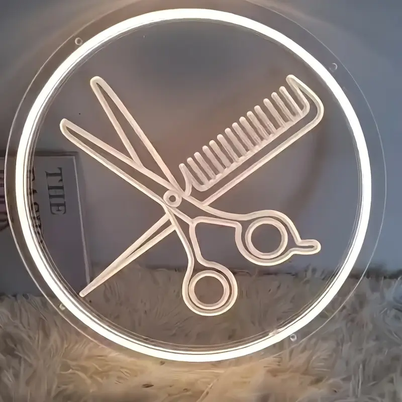 USB-Powered LED Neon Sign for Hair Salons - Comb & Scissors Design, Decorative Neon Light, Led Decoration, Perfect for Barber Shops and Beauty Salon Wall Decor, Barber Accessories, Neon Lights
