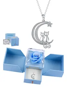 Moon Star Cat Necklace Cute Pendant with Rose Gift Box, Romantic Jewelry Gift for Pet Lovers, Girlfriend or Best Friend