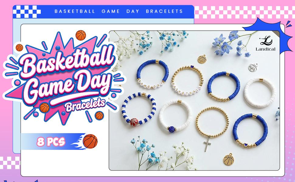 Landical 8 Pcs Basketball Game Day Bracelets Heishi Clay Beaded Stretch Bracelets Basketball Mom Accessories Jewelry Gifts