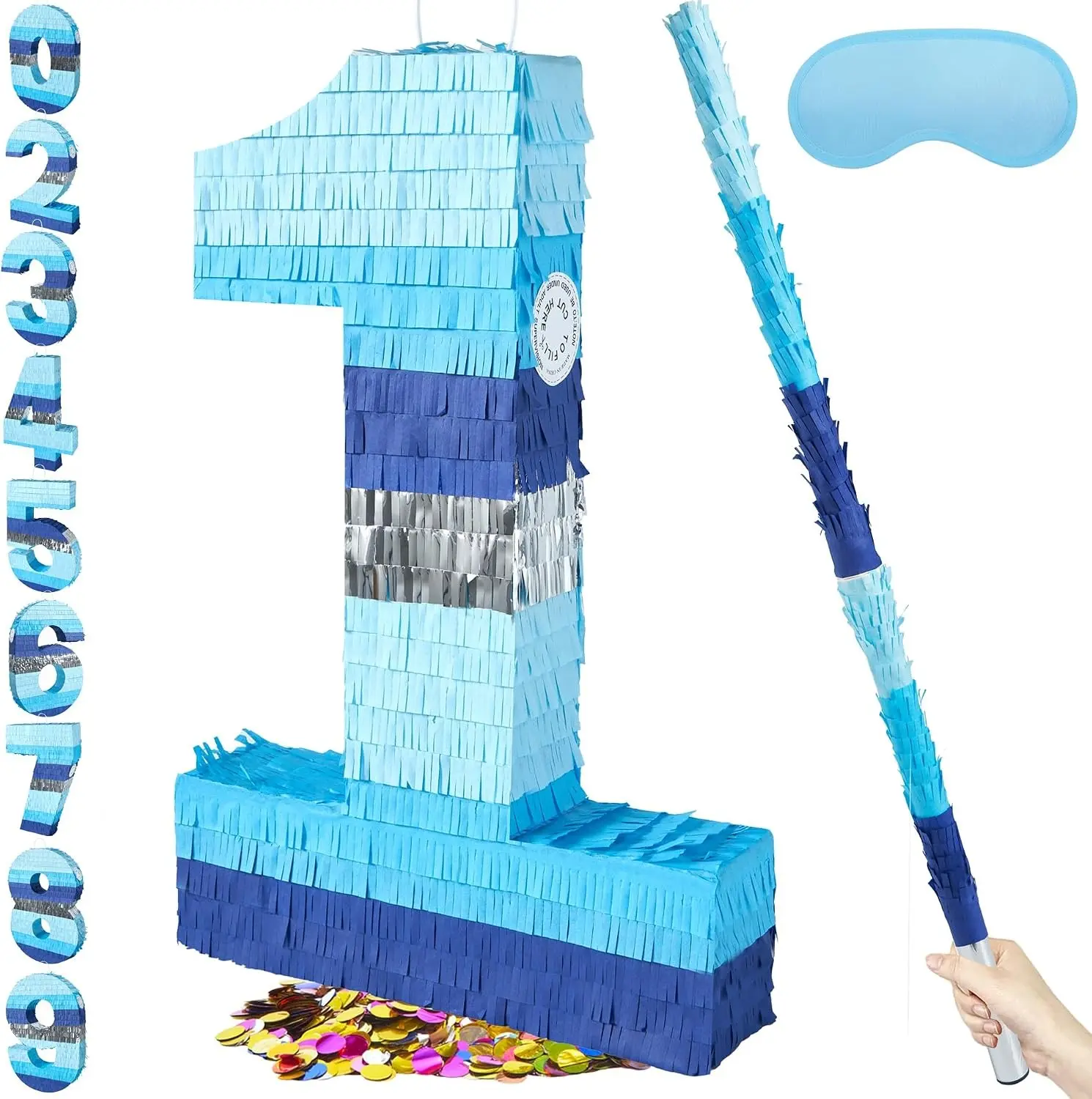 20 Inch Number 1 Blue Silver Piñata with 30 Inch Piñata Stick Blindfold Confetti for Boys Girls Adults Birthday Party Decorations Anniversary Celebration Fiesta