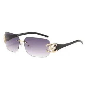 Retro Sunglasses Metal Frameless Glasses Women's and Men's High End Y2K Style UV Resistant Sunglasses with Rhinestone Detail