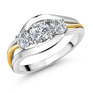 Gem Stone King 3-Stone Birthstone and Lab Grown Diamond Two-Tone Ring for Women | 925 Silver 10K Yellow Gold | Round 5MM 4MM | Anniversary Promise Engagement Ring