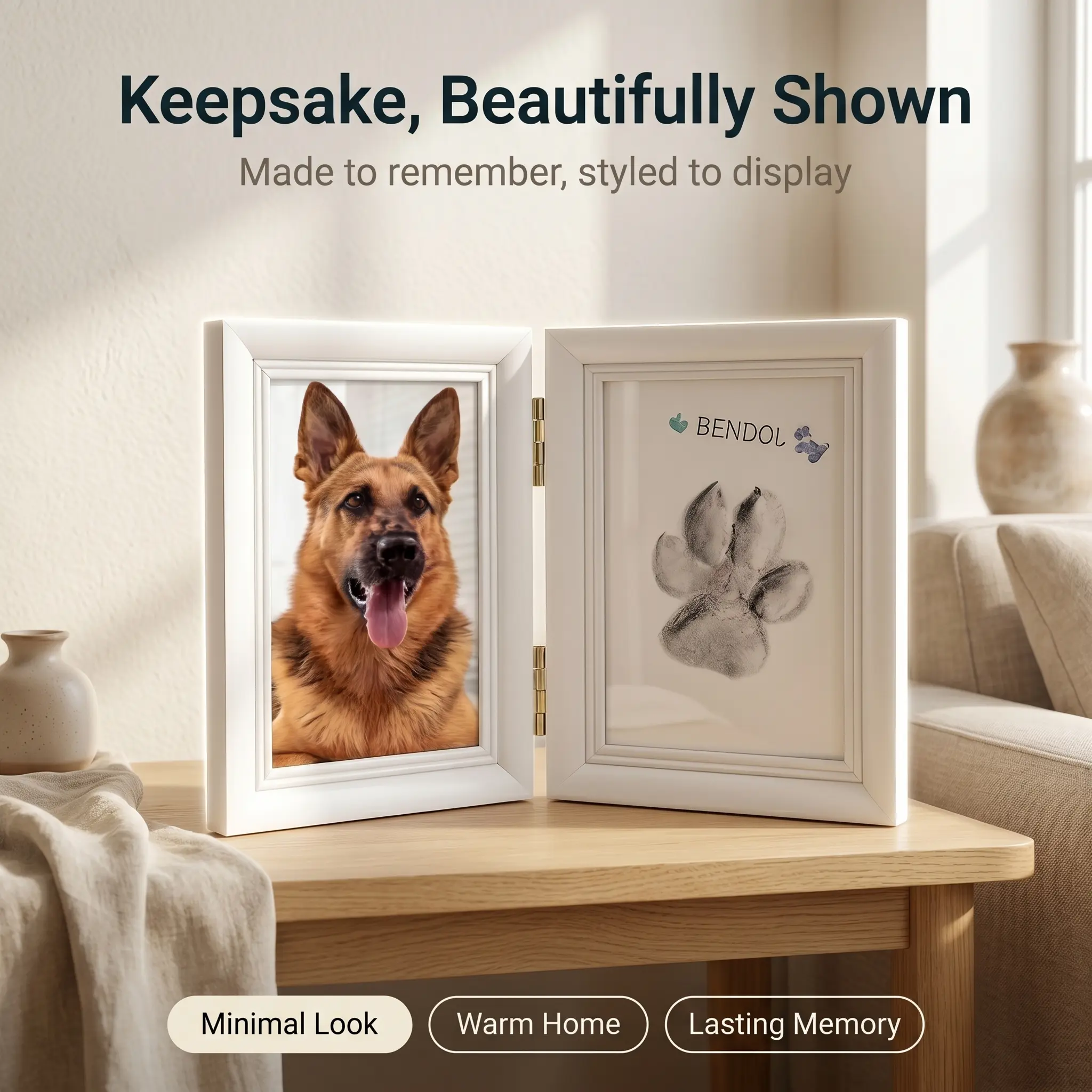 Pet Memory Keepsake Photo Frame with Paw Print Clay Kit, Double Display Shadow Box for Dogs, Cats and Newborns