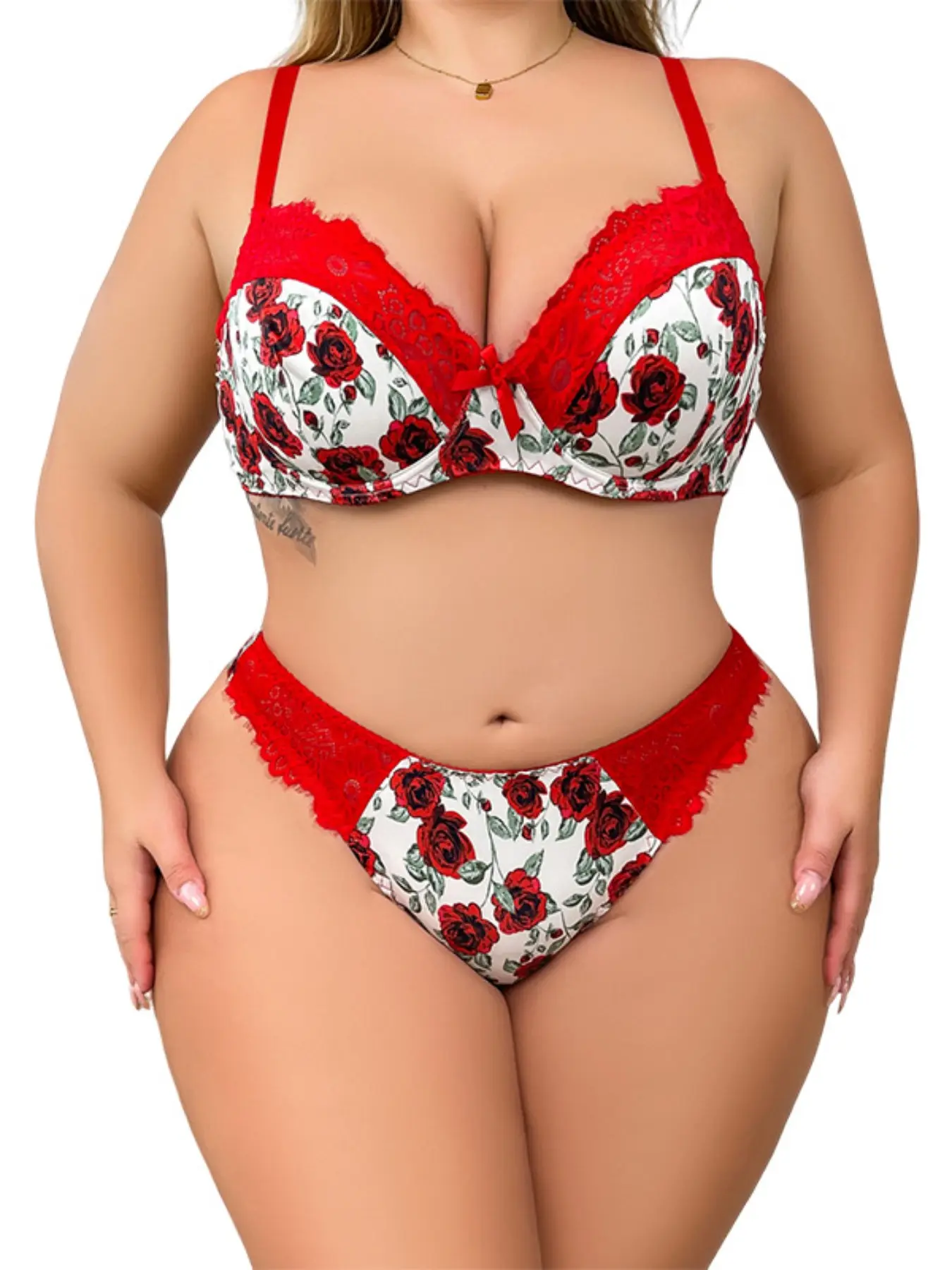 Plus Size Sexy Rose Print Floral Lace Trim Fantasy Lingerie Three Piece Set, Push-Up Bra, High-Waist Bottoms, Max Support, All Seasons