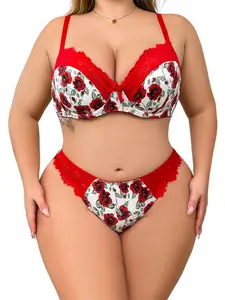 Plus Size Sexy Floral Print Lace Trim Fantasy Lingerie Three Piece Set, Push-Up Bra, High-Waist Bottoms, Max Support, All Seasons
