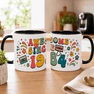 Awesome Since 1984 15oz Ceramic Mug  Retro Cassette and Flower Design  Colorful Durable Inspirational Gift  Perfect for Office  Home  Birthday Celebration  Friendship  Coffee Lovers