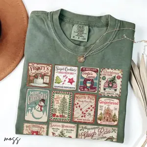 Comfort Colors Vintage Christmas T-Shirt, Womens Christmas Vibes TShirt, Christmas Stamps TShirt Retro Holiday Party Tee Festive Winter T-Shirt