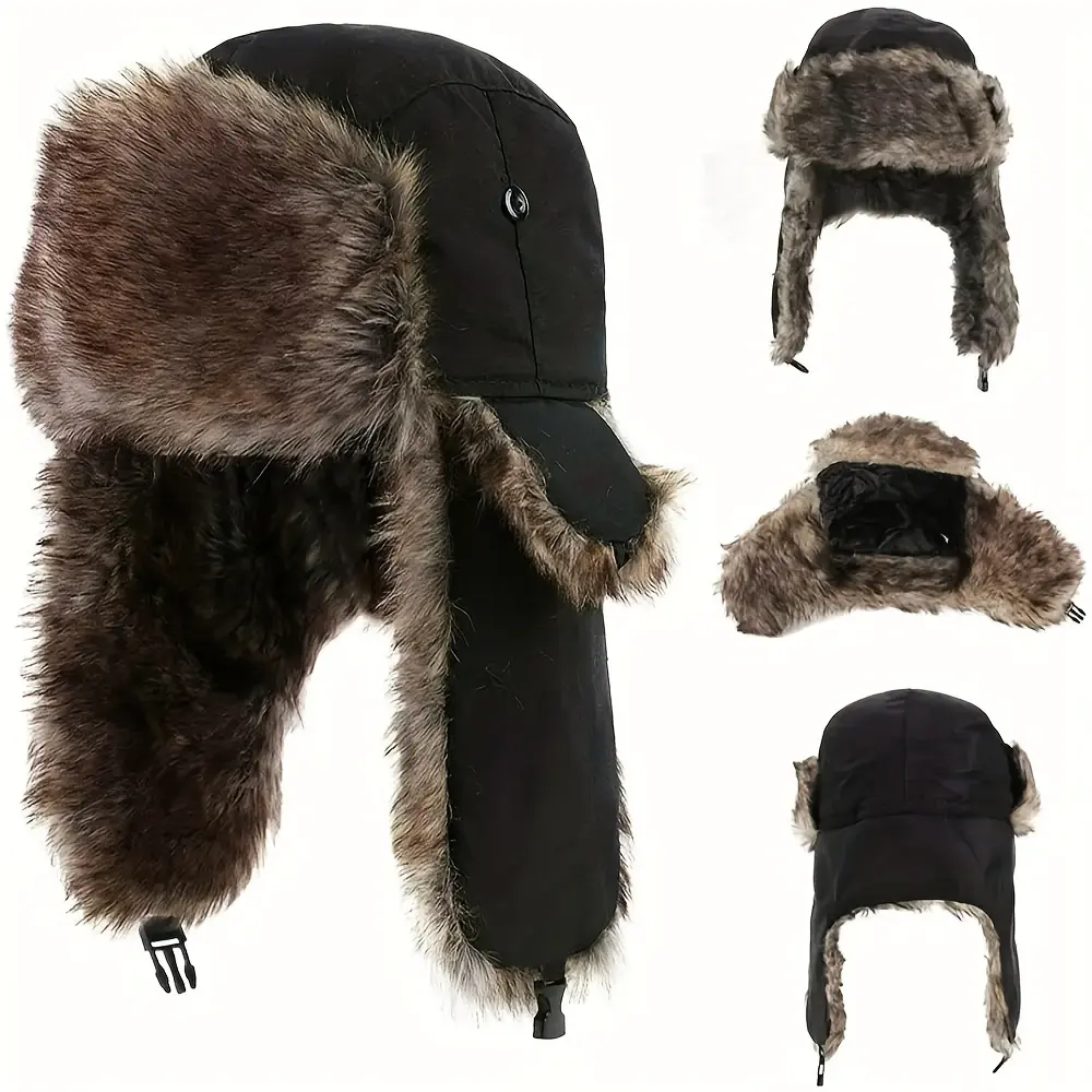 Men's Winter Warm Trapper Hat with Ear Flaps, Aviator Pilot Hat, Ski Cap Helmet Liner, Adjustable Furry Earflap Headwear, Polyester Fiber