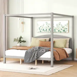 King Size Canopy Bed Wood 4 Posters Platform Bed Frame with Headboard, King Bed Frame with Slats, No Box Spring Needed