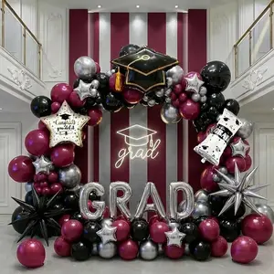 Maroon Black Silver Graduation Balloon Garland Arch Kit with Graduation Star print Certificate Letter Foil Balloons for Graduate Class of 2026 Grad Prom pa