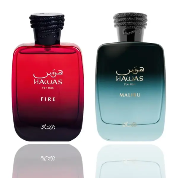Rasasi Hawas Fire + Hawas Malibu 2-Piece EDP Bundle, Modern Duo for Daily Wear, Long-Lasting Men's Fragrance, Aromatic Woody Fragrance, Citrus Woods Fragrance