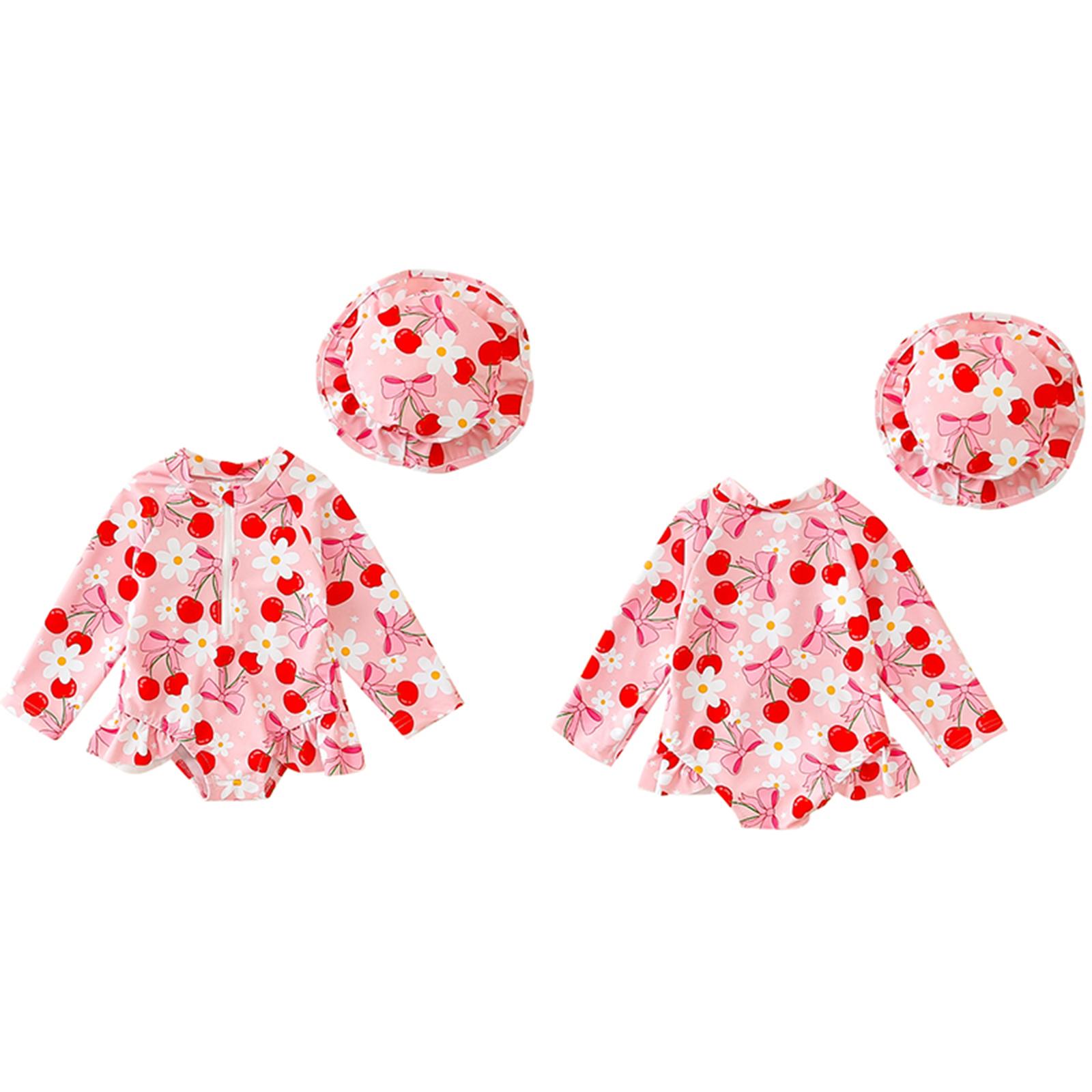 Baby girl cherry blossom two-piece swimsuit set - zipper long sleeved UV protection and sun protection, with ruffled edges and matching sun hat (0-3T)
