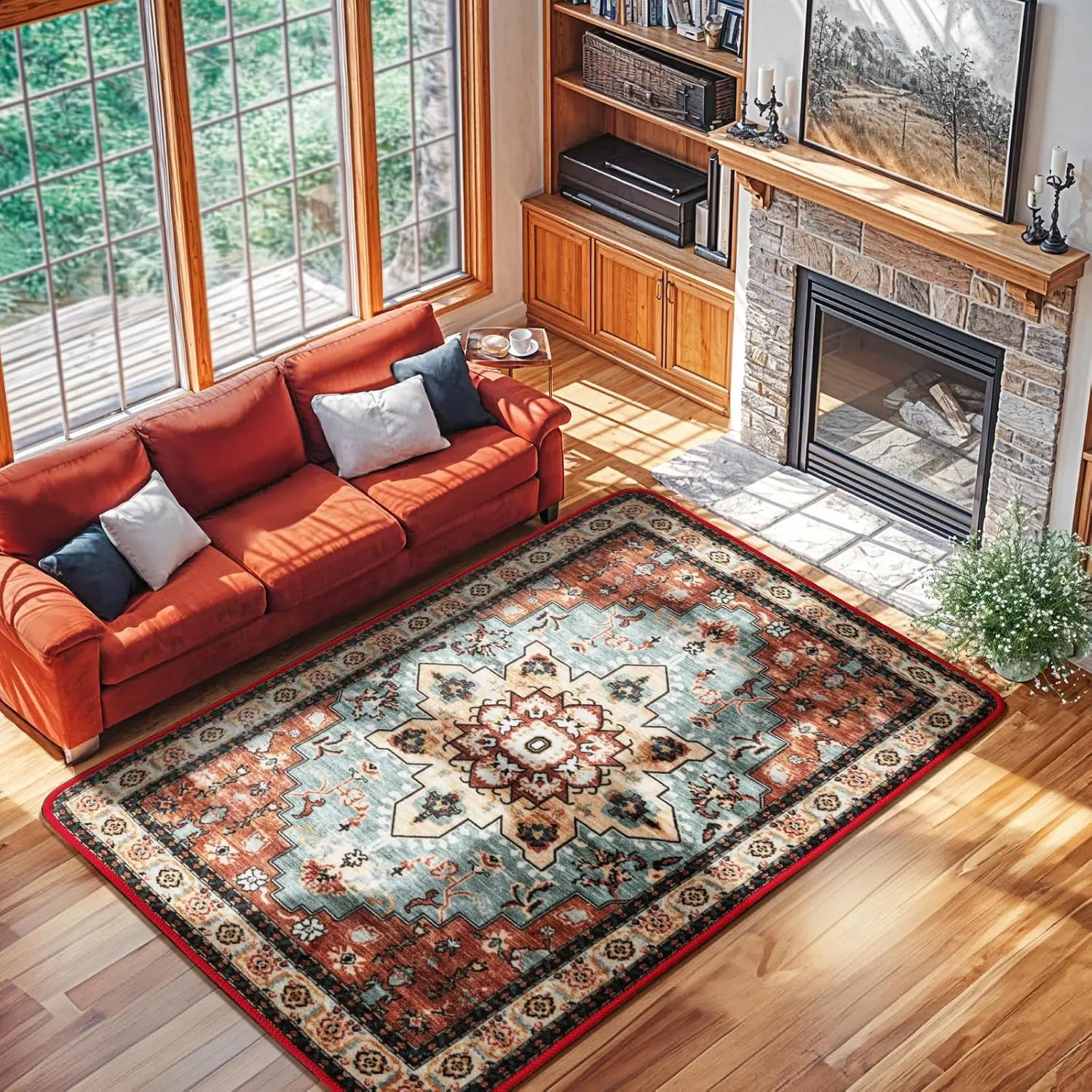Vintage Boho Faux Wool Low Pile Rug, Soft Washable Non Slip Stain Resistant Indoor Carpet, Easy Care Decor Rug for Living Room Bedroom Office